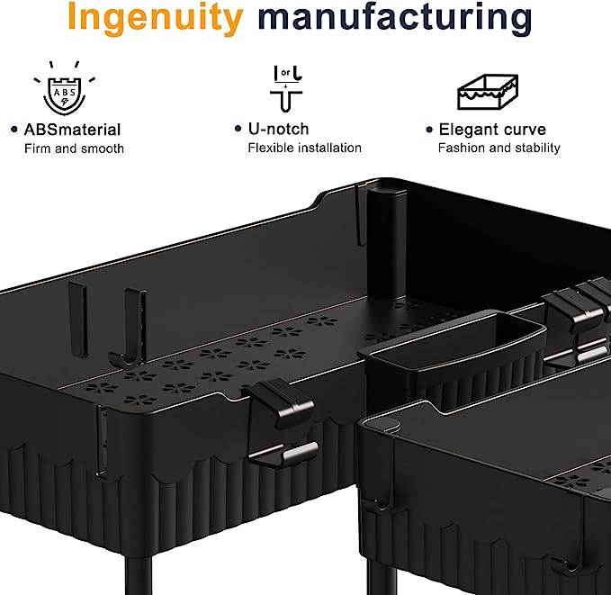 2 Pack Under Sink Organizers and Storage,Under Bathroom Cabinet Organizer with Hooks Hanging Cup,Multi-Purpose Storage Shelf for Kitchen Bathroom