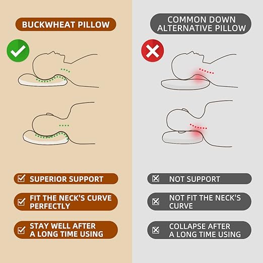 Organic Buckwheat Pillow for Sleeping - Standard Size 20''x26'', Adjustable Loft, Breathable for Cool Sleep, Cervical Support for Back and Side Sleepers