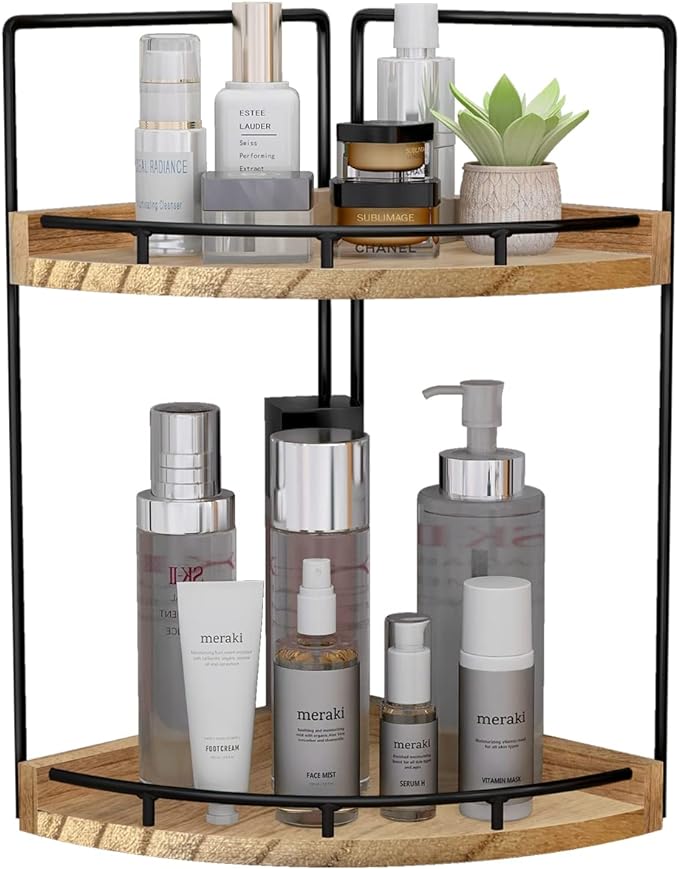 2-Tier Corner Bathroom Counter Organizer,Vanity Organizer,Counter Corner Shelf,Bathroom Storage and Organization,Skincare Organizers,Wood Countertop Organizer for Kitchen
