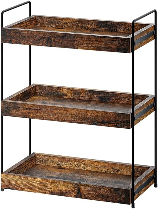 Bathroom Organizer Countertop, 3 Tier Wood Spice Rack Organizer for Kitchen Counter, Vanity Skincare Organizers Shelf for Bathroom Storage Organization, Rustic Brown