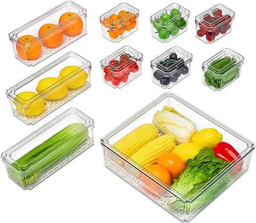 10 Pack Refrigerator Organizer Bins, Stackable Fridge Organizers and Storage with Lids, BPA-Free Fridge Organizers Containers for Fruit, Vegetable, Food, Drinks, Cereals, Clear