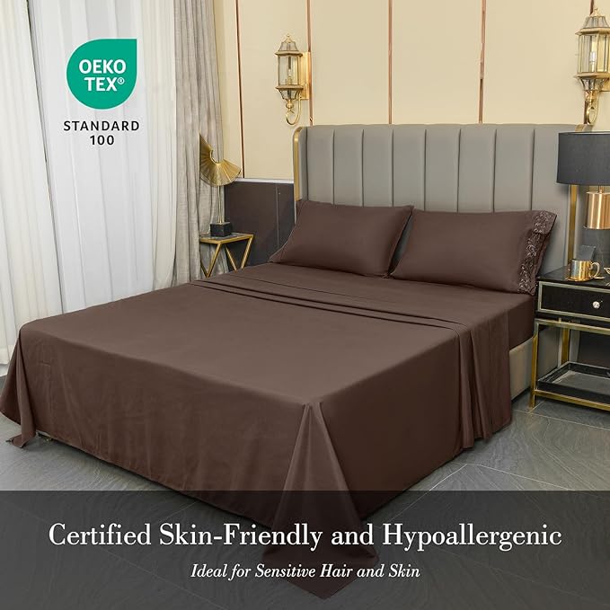 King Size Sheet Set - 6 Pieces Hotel Luxury Super Soft Microfiber Bed Sheets with Embroidery Detail - Lightweight, Easy Care, and Breathable - 16-Inch Deep Pockets - Brown