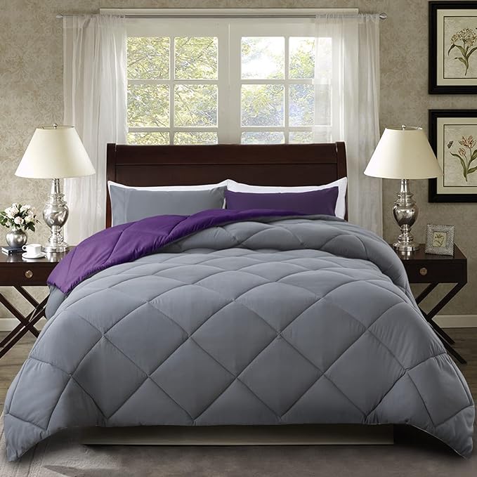 3 Pieces Comforter Set (Cal-King, Purple & Grey) - 1 Reversible Down Alternative Comforter with 2 Pillow Shams - Soft Lightweight Duvet Insert
