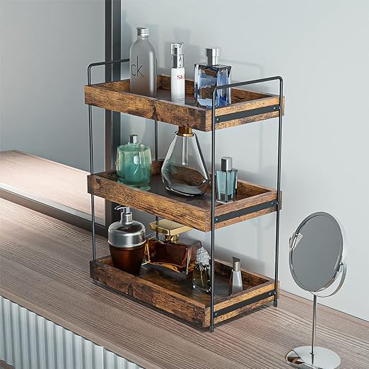 Bathroom Organizer Countertop, 3 Tier Wood Spice Rack Organizer for Kitchen Counter, Vanity Skincare Organizers Shelf for Bathroom Storage Organization, Rustic Brown