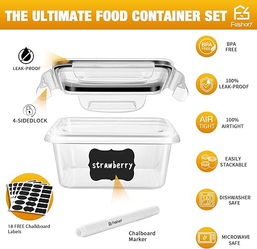 Airtight Food Storage Container Set, Fridge Pantry Organiser Ideal for Home & Kitchen Organisation - Meal Prep Containers & Lunch Box with 100% Leak Proof Lids