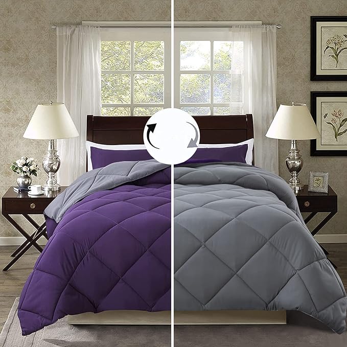 3 Pieces Comforter Set (Cal-King, Purple & Grey) - 1 Reversible Down Alternative Comforter with 2 Pillow Shams - Soft Lightweight Duvet Insert