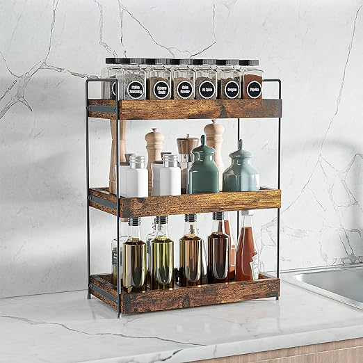 Bathroom Organizer Countertop, 3 Tier Wood Spice Rack Organizer for Kitchen Counter, Vanity Skincare Organizers Shelf for Bathroom Storage Organization, Rustic Brown