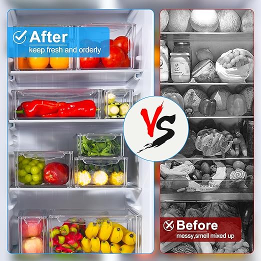 10 Pack Refrigerator Organizer Bins, Stackable Fridge Organizers and Storage with Lids, BPA-Free Fridge Organizers Containers for Fruit, Vegetable, Food, Drinks, Cereals, Clear