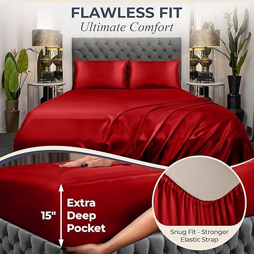 Satin Sheets Queen Size Set 4 Pcs - Silky & Luxuriously Soft Satin Bed Sheets w/ 15 inch Deep Pocket - Double Stitching, Wrinkle Free