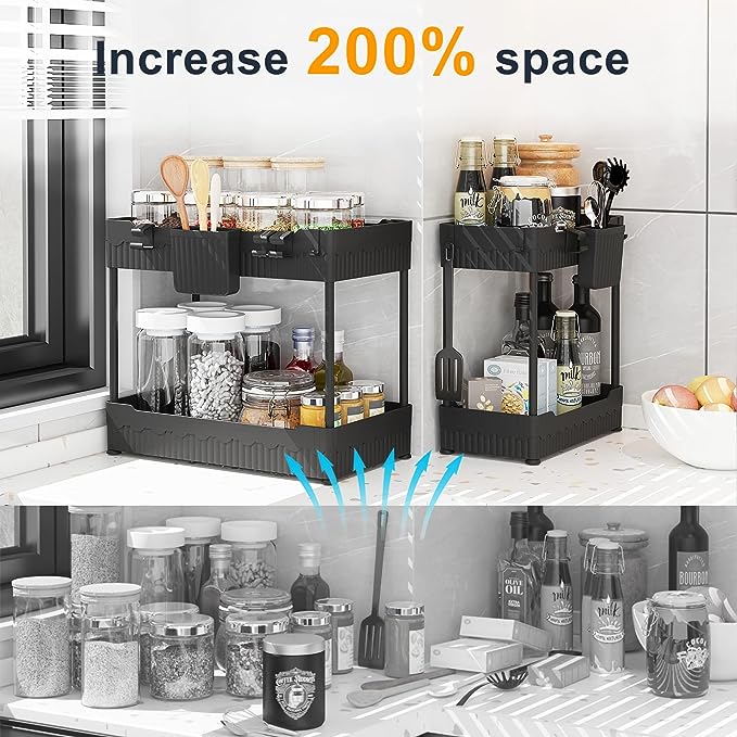 2 Pack Under Sink Organizers and Storage,Under Bathroom Cabinet Organizer with Hooks Hanging Cup,Multi-Purpose Storage Shelf for Kitchen Bathroom