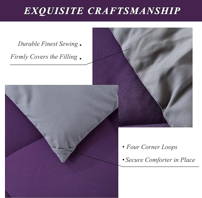 3 Pieces Comforter Set (Cal-King, Purple & Grey) - 1 Reversible Down Alternative Comforter with 2 Pillow Shams - Soft Lightweight Duvet Insert