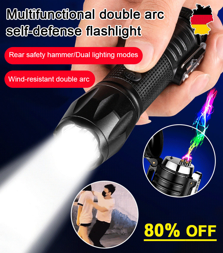 Double arc self-defense flashlight