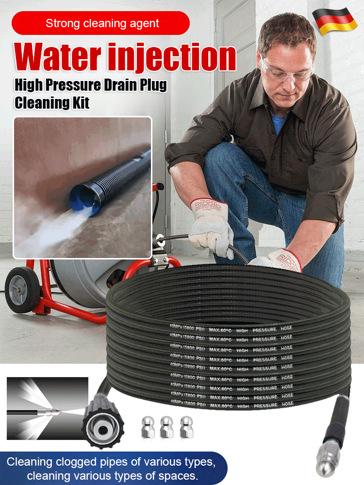 "One Flush Clean" Water Rat Nozzle High-Pressure Drain Cleaning Set