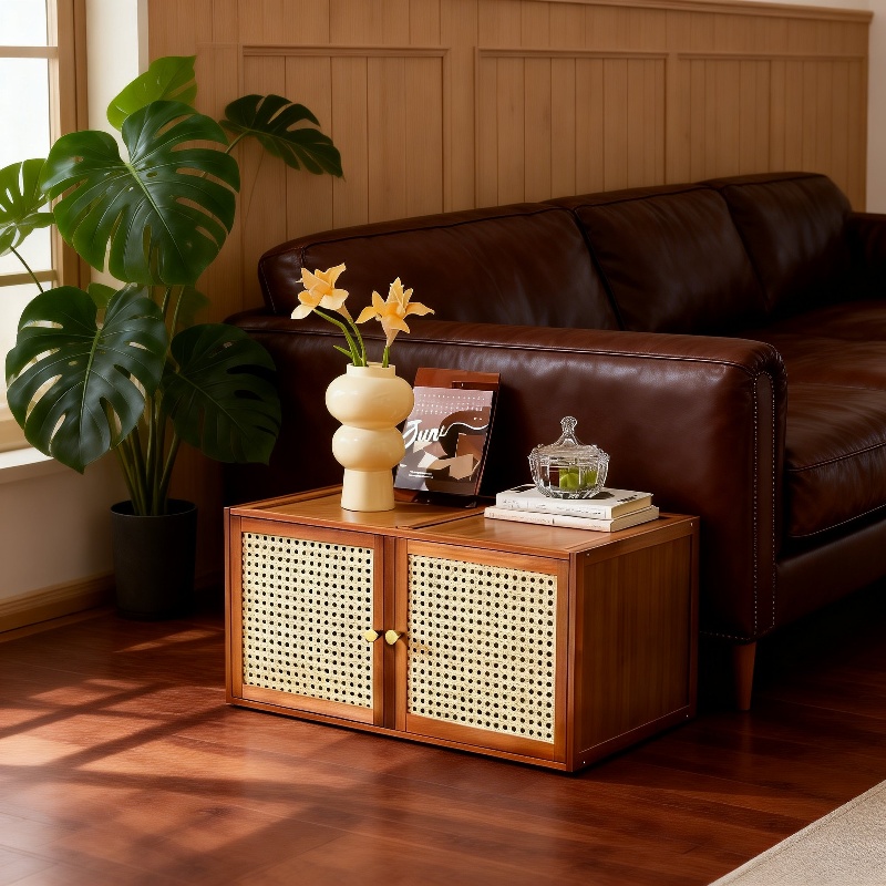 Home organization storage cabinet with books and decor