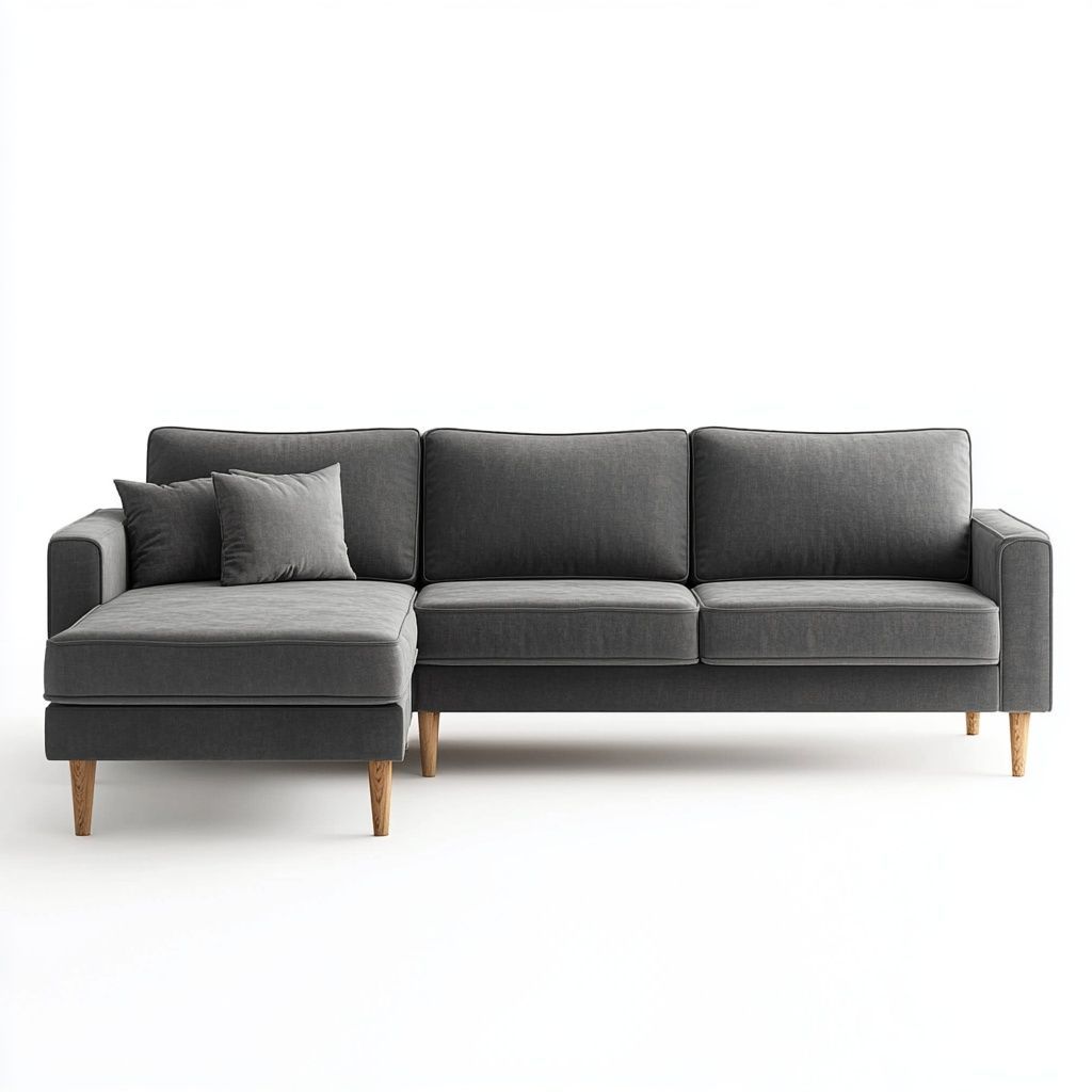 Divano angolare in tessuto a tre posti grigio con chaise longue e piedi in legno-Civerto