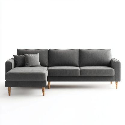 Divano angolare in tessuto a tre posti grigio con chaise longue e piedi in legno-Civerto