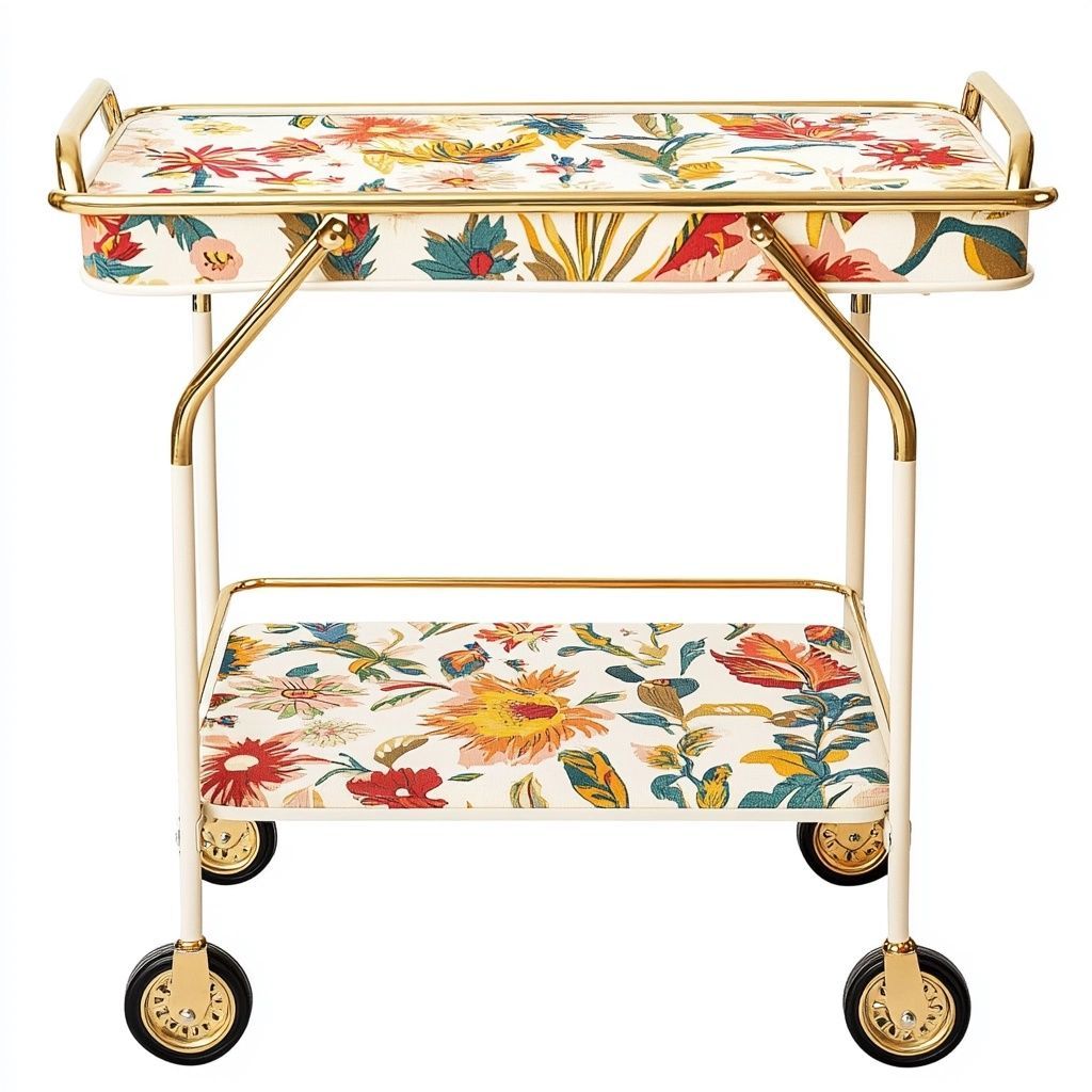 Carrello da Cucina Floreale Metallo Decorato a Due Ripiani Rettangolare 70x40x80 cm-Civerto