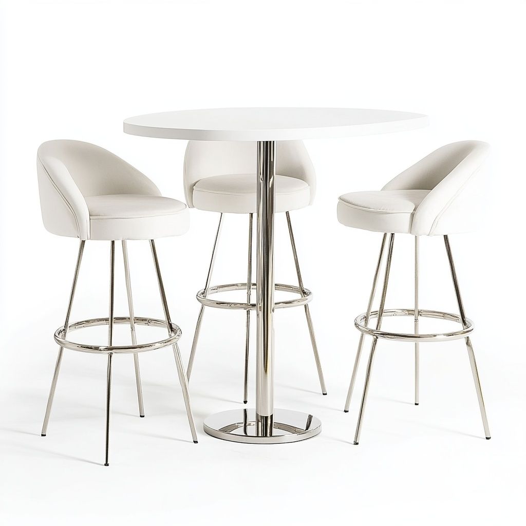 Set tavolo rotondo in MDF lucido bianco diametro 80 cm con 3 sgabelli in ecopelle bianca struttura in metallo cromato-Civerto