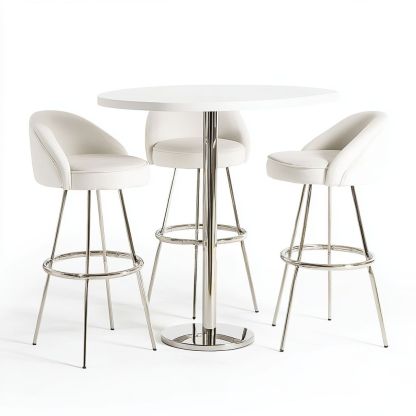 Set tavolo rotondo in MDF lucido bianco diametro 80 cm con 3 sgabelli in ecopelle bianca struttura in metallo cromato-Civerto
