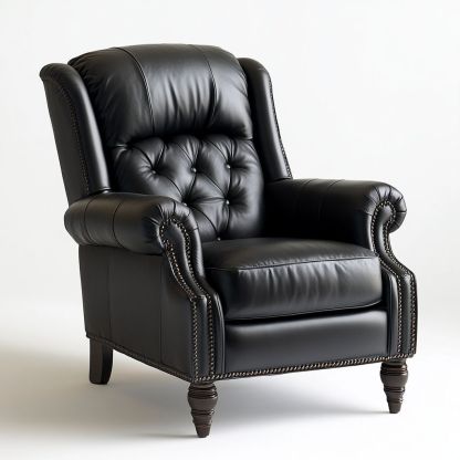 Poltrona Classica in Pelle con Bottoni e Gambe Tornite Nero-Civerto