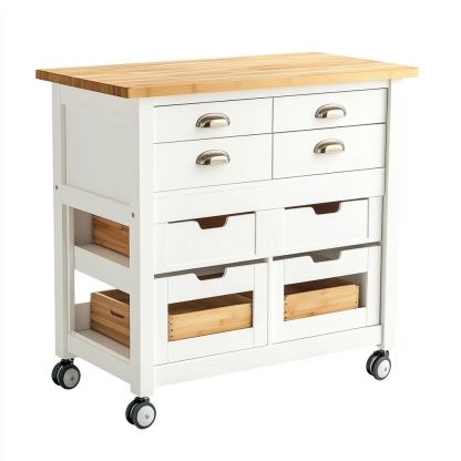 Carrello da Cucina Bianco/Naturale in Legno e Metallo con Ruote-Civerto