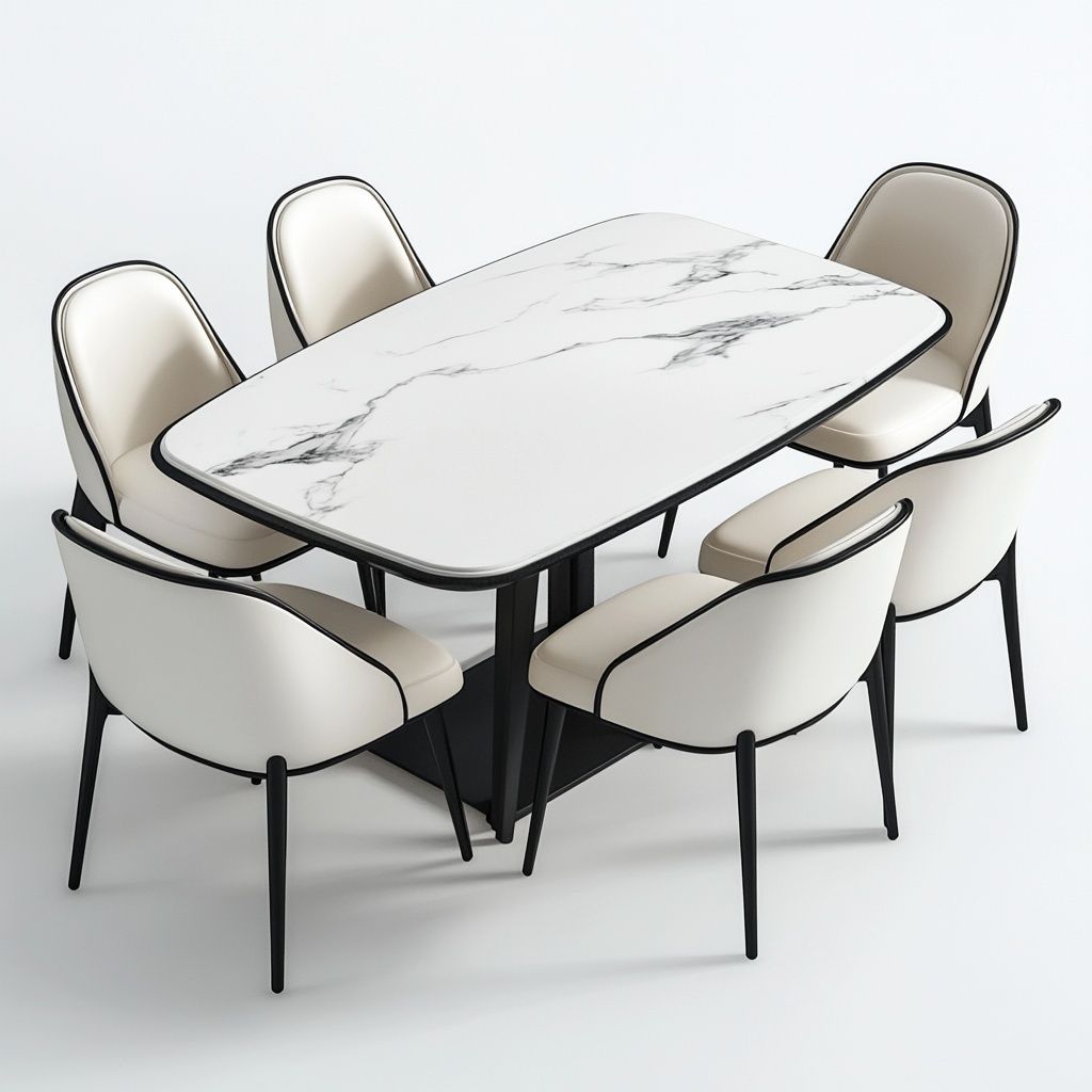 Tavolo da Pranzo Rettangolare in Marmo Sintetico con 6 Sedie in Pelle PU Struttura in Metallo Nero Bianco/Nero Set-Civerto