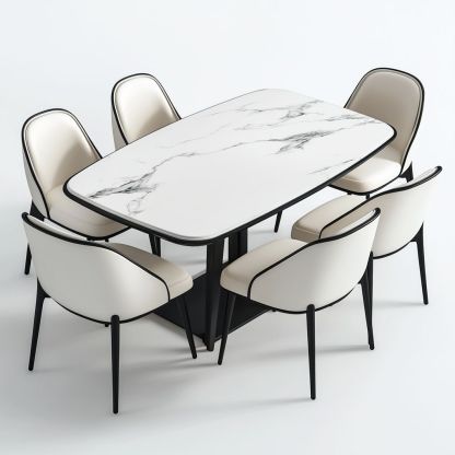 Tavolo da Pranzo Rettangolare in Marmo Sintetico con 6 Sedie in Pelle PU Struttura in Metallo Nero Bianco/Nero Set-Civerto