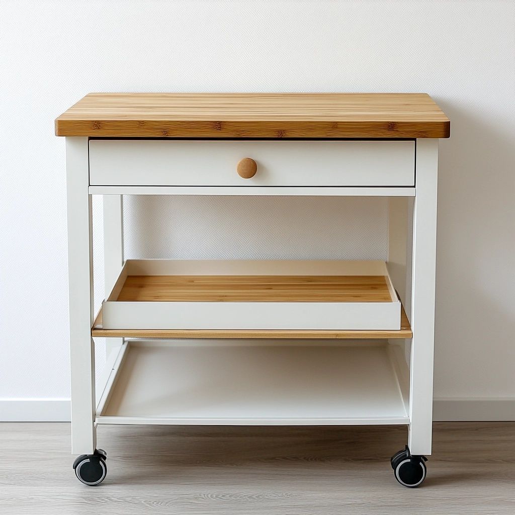 Carrello Cucina Bianco/Bambù Legno/Metallo Cassetto/Ruote Rettangolare-Civerto
