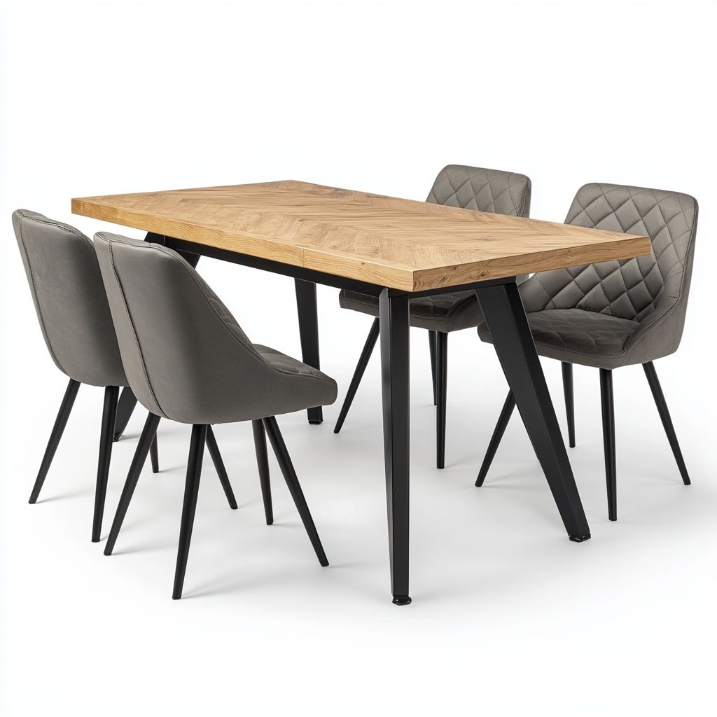 Set Tavolo da Pranzo in Legno di Quercia e Sedie in Velluto Grigio 5 Pezzi-Civerto