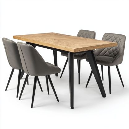 Set Tavolo da Pranzo in Legno di Quercia e Sedie in Velluto Grigio 5 Pezzi-Civerto