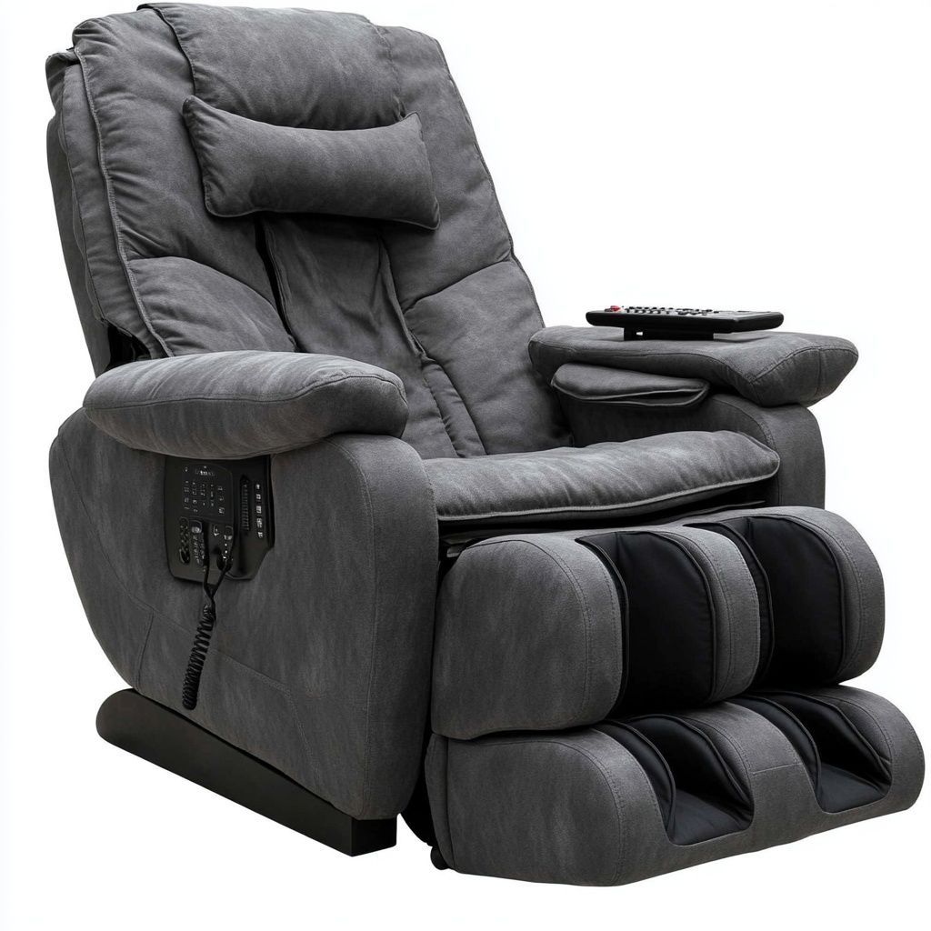 Poltrona reclinabile massaggiante in tessuto grigio ergonomica con poggiatesta e poggiapiedi integrati-Civerto