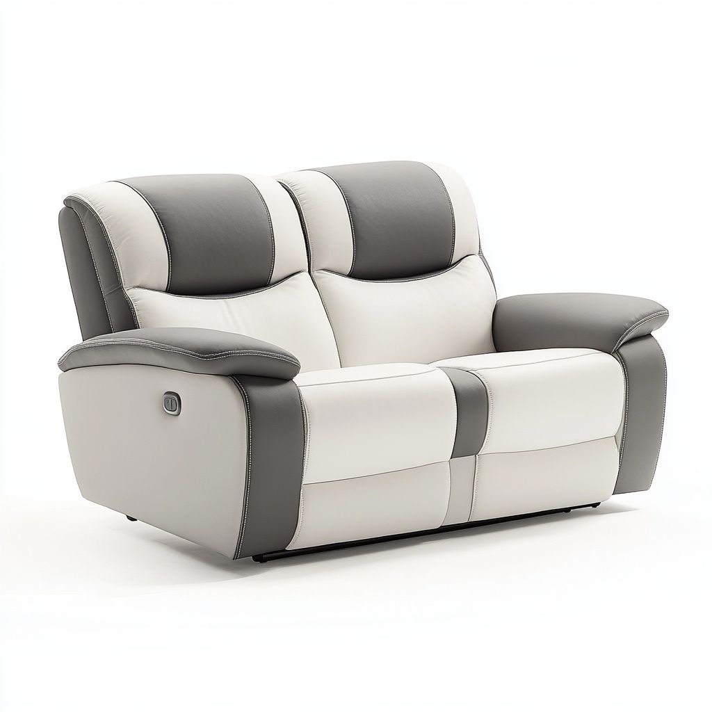 Divano Due Posti Bianco/Grigio Pelle Sintetica Schienale Recline Imbottitura Morbida-Civerto