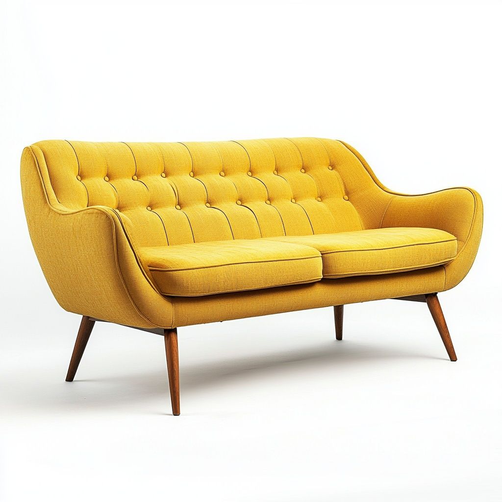 Divano a 2 posti in tessuto giallo con bottoni capitonné e gambe in legno-Civerto