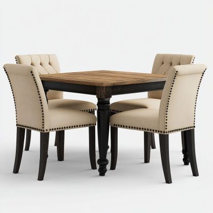 Set da Pranzo 4 Sedie Quadrato Legno Tessuto Nero/Beige-Civerto