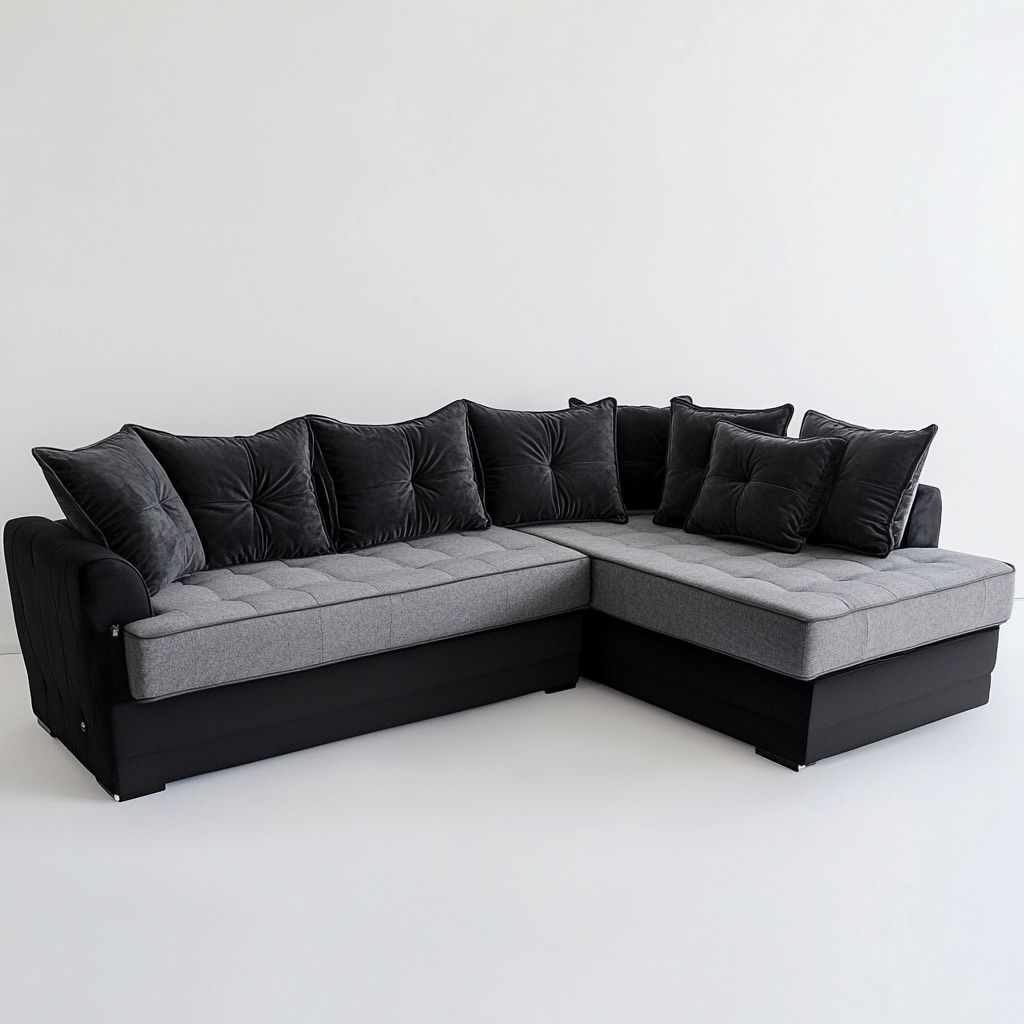 Divano Angolare Grigio/Nero in Tessuto di Poliestere e Velluto - 260x160x85cm-Civerto