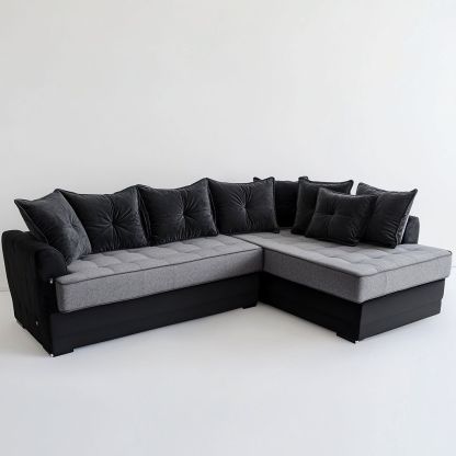Divano Angolare Grigio/Nero in Tessuto di Poliestere e Velluto - 260x160x85cm-Civerto