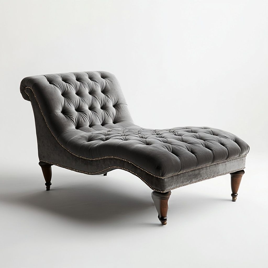 Chaise longue curva tessuto velluto grigio gambe legno imbottitura bottoni 160x70x80cm-Civerto