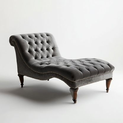 Chaise longue curva tessuto velluto grigio gambe legno imbottitura bottoni 160x70x80cm-Civerto