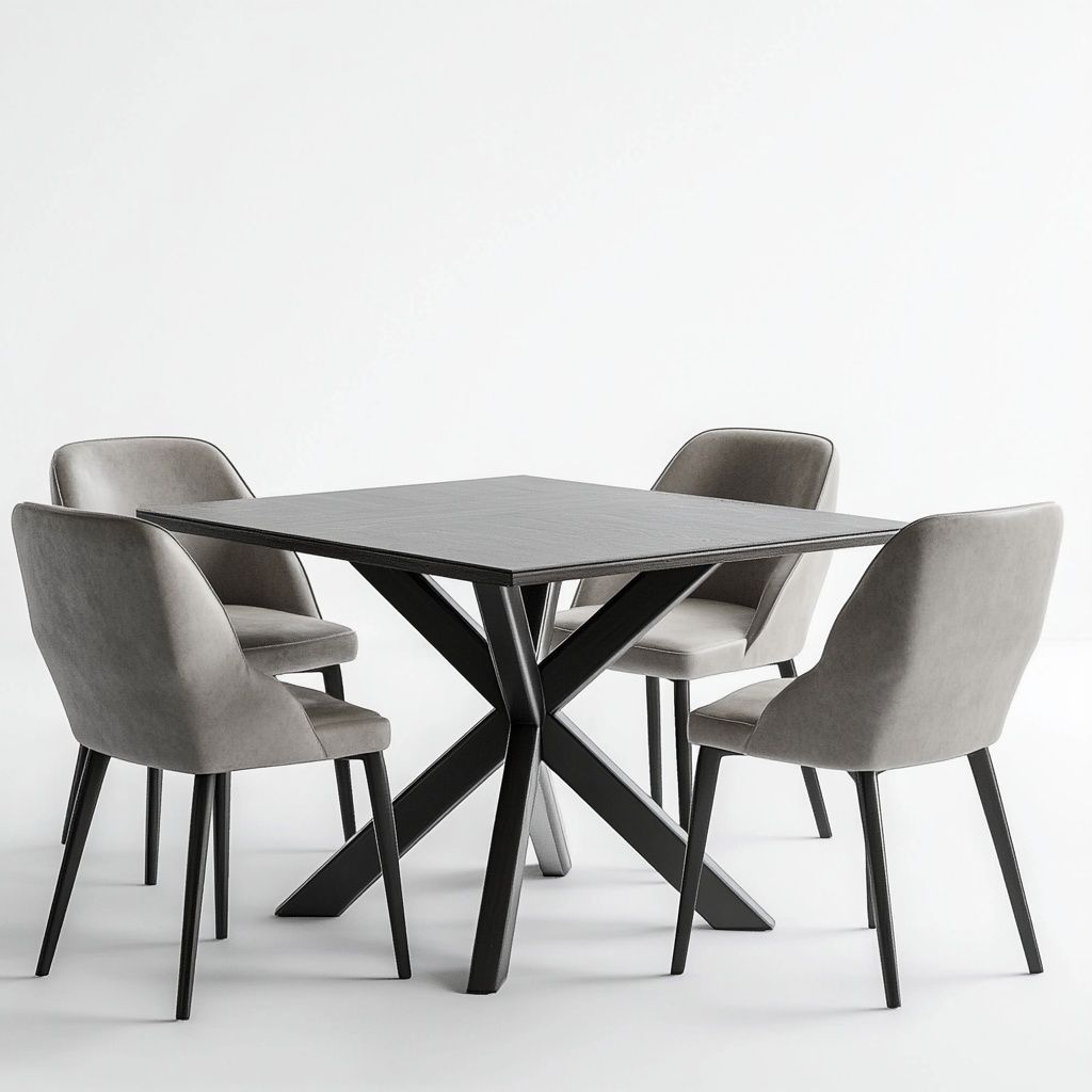 Tavolo quadrato nero legno moderno con 4 sedie grigie tessuto set-Civerto