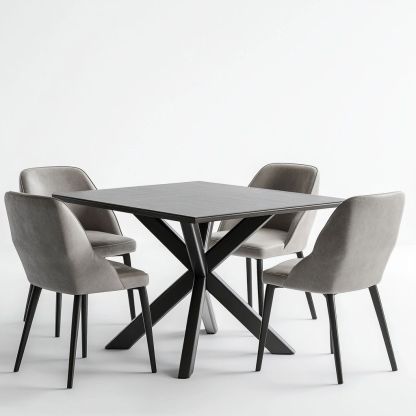 Tavolo quadrato nero legno moderno con 4 sedie grigie tessuto set-Civerto