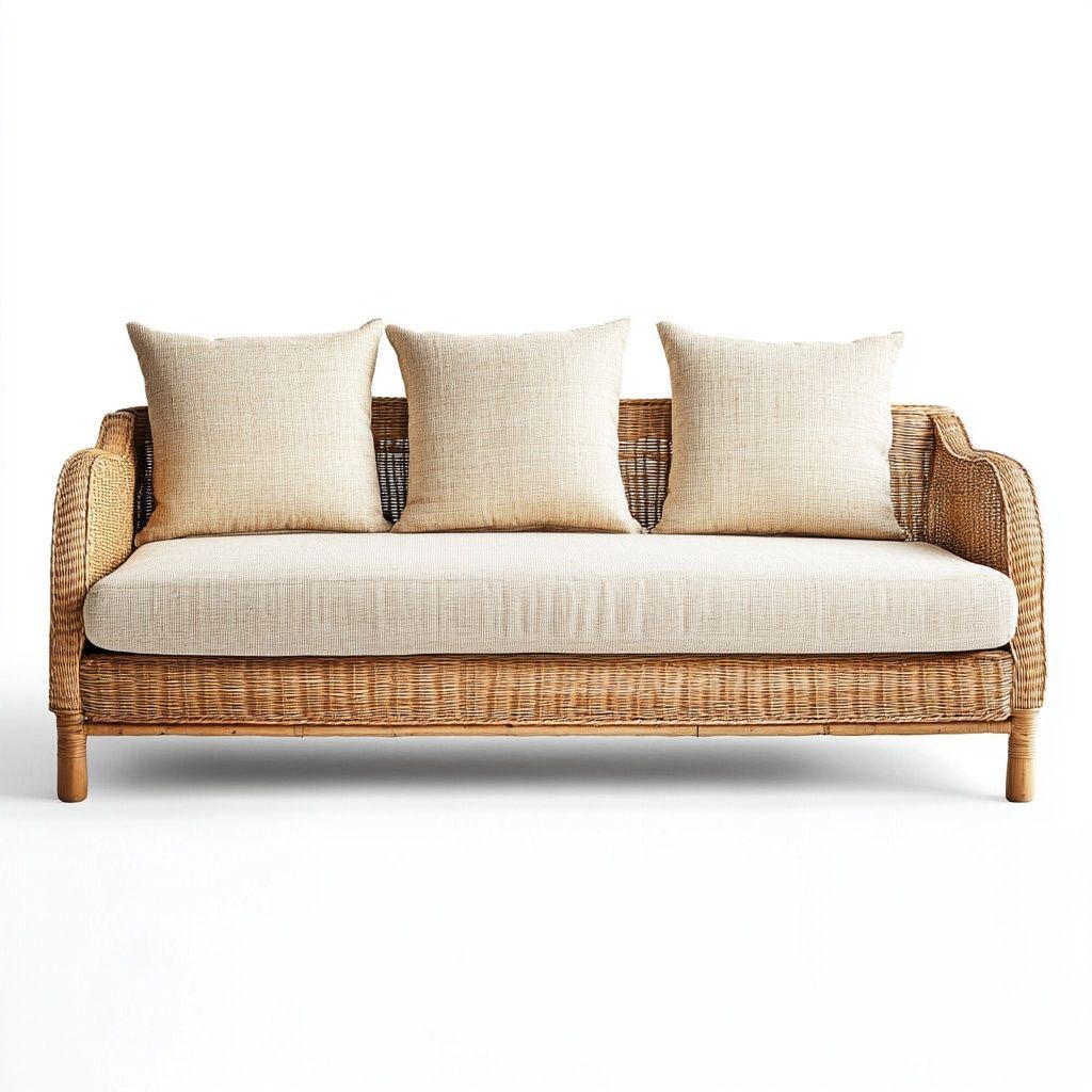 Divano a tre posti in vimini intrecciato con cuscini beige da schienale-Civerto