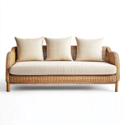 Divano a tre posti in vimini intrecciato con cuscini beige da schienale-Civerto