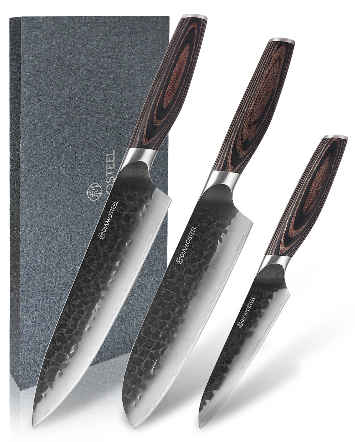 Diamosteel Kitchen Knife Set - 3 Pieces Knives Set for Kitchen High Carbon 9CR18MOV Steel, Hammered Black Oxide Blade & Pakkawood Handle - Profession Chef Knife Set Elegant Holiday Gift for Chefs