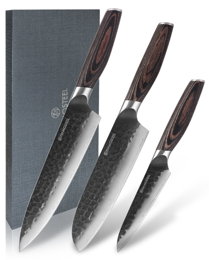 Diamosteel Kitchen Knife Set - 3 Pieces Knives Set for Kitchen High Carbon 9CR18MOV Steel, Hammered Black Oxide Blade & Pakkawood Handle - Profession Chef Knife Set Elegant Holiday Gift for Chefs