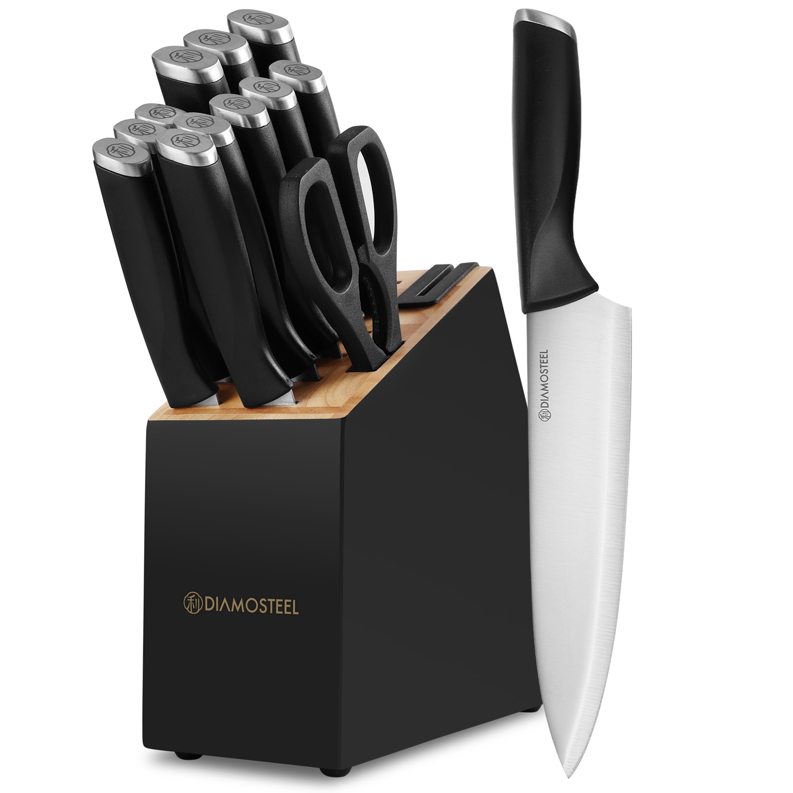 diamosteel 13 Piece Kitchen Knife Set with Block Wooden, Knife Set for Kitchen with Built in Sharpener Scissors, Stainless Steel Knife Set Gift for Mom Dad (Black)