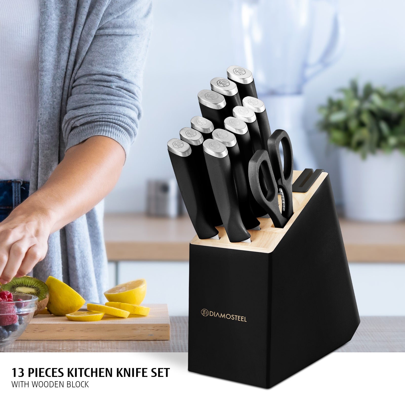 diamosteel 13 Piece Kitchen Knife Set with Block Wooden, Knife Set for Kitchen with Built in Sharpener Scissors, Stainless Steel Knife Set Gift for Mom Dad (Black)