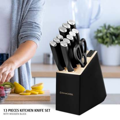 diamosteel 13 Piece Kitchen Knife Set with Block Wooden, Knife Set for Kitchen with Built in Sharpener Scissors, Stainless Steel Knife Set Gift for Mom Dad (Black)