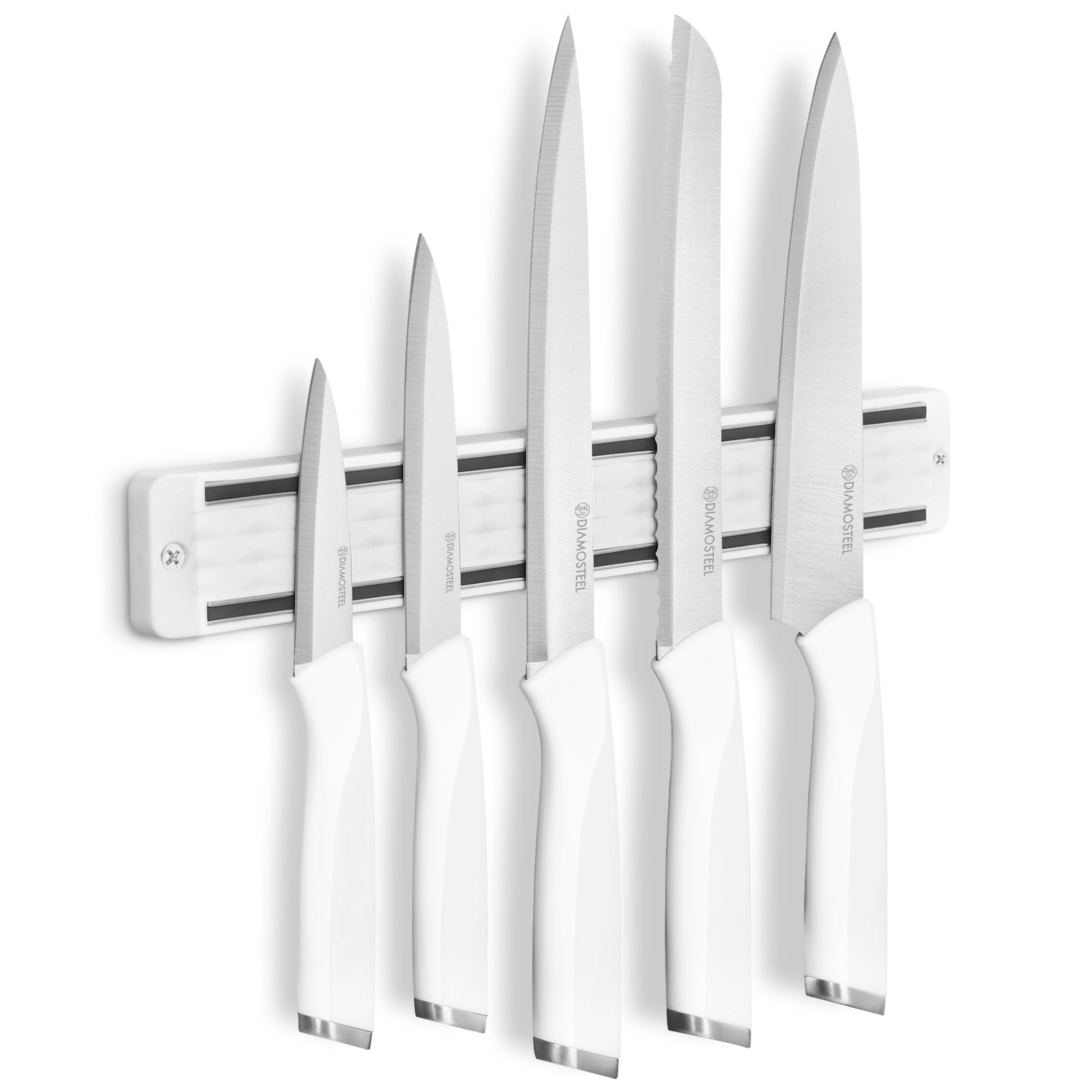 Diamosteel Kitchen Knife Set, 6PCS Knives Set for Kitchen with Knife Magnetic Strip, High Carbon Stainless Steel Chef Knife Set with Magnetic Knife Holder for Wall - White