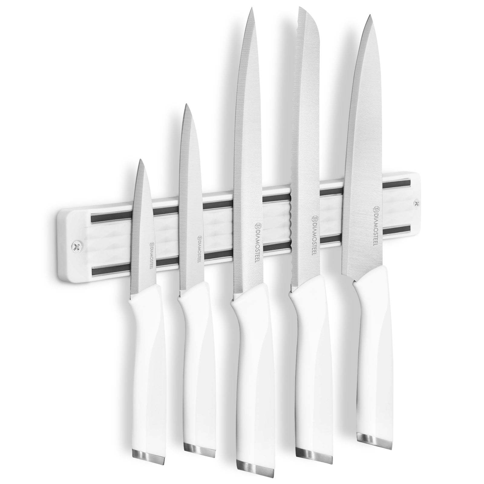 Diamosteel Kitchen Knife Set, 6PCS Knives Set for Kitchen with Knife Magnetic Strip, High Carbon Stainless Steel Chef Knife Set with Magnetic Knife Holder for Wall - White