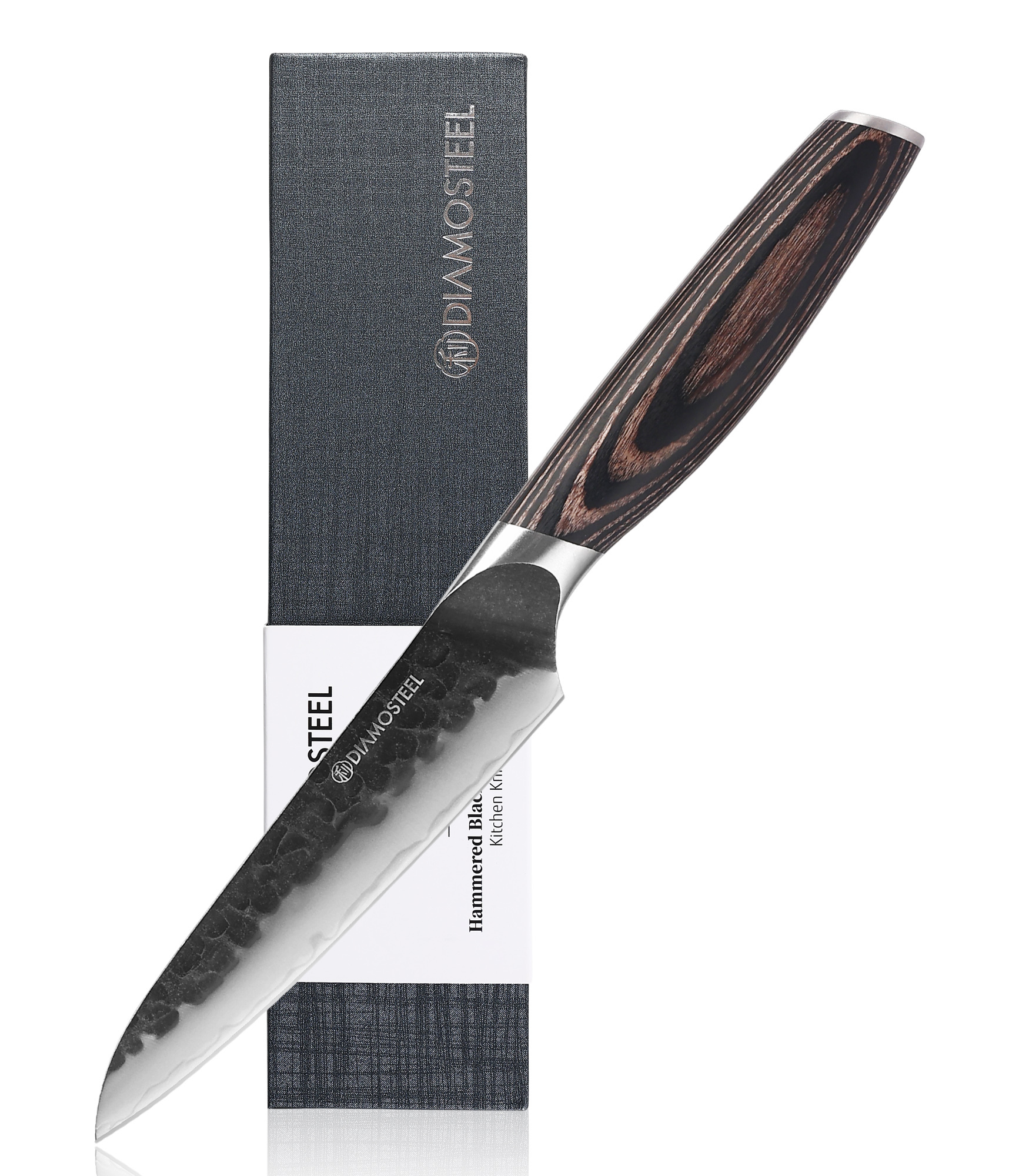 Diamosteel Utility Knife - 5-Inch Professional Kitchen Utility Knife - Hammered Black Oxide Blade Japanese 9CR18MOV High Carbon Stainless Steel - Ergonomic Pakkawood Handle with Present Box